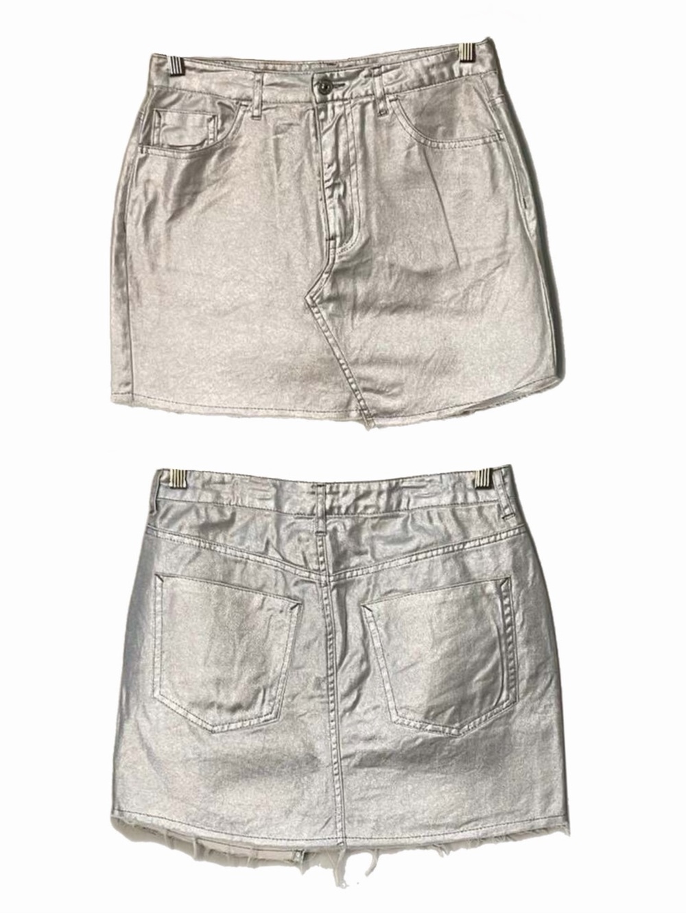 NWT Forever 21 Metallic Silver Raw Hem High Waist Jean Denim Mini Skirt - Small